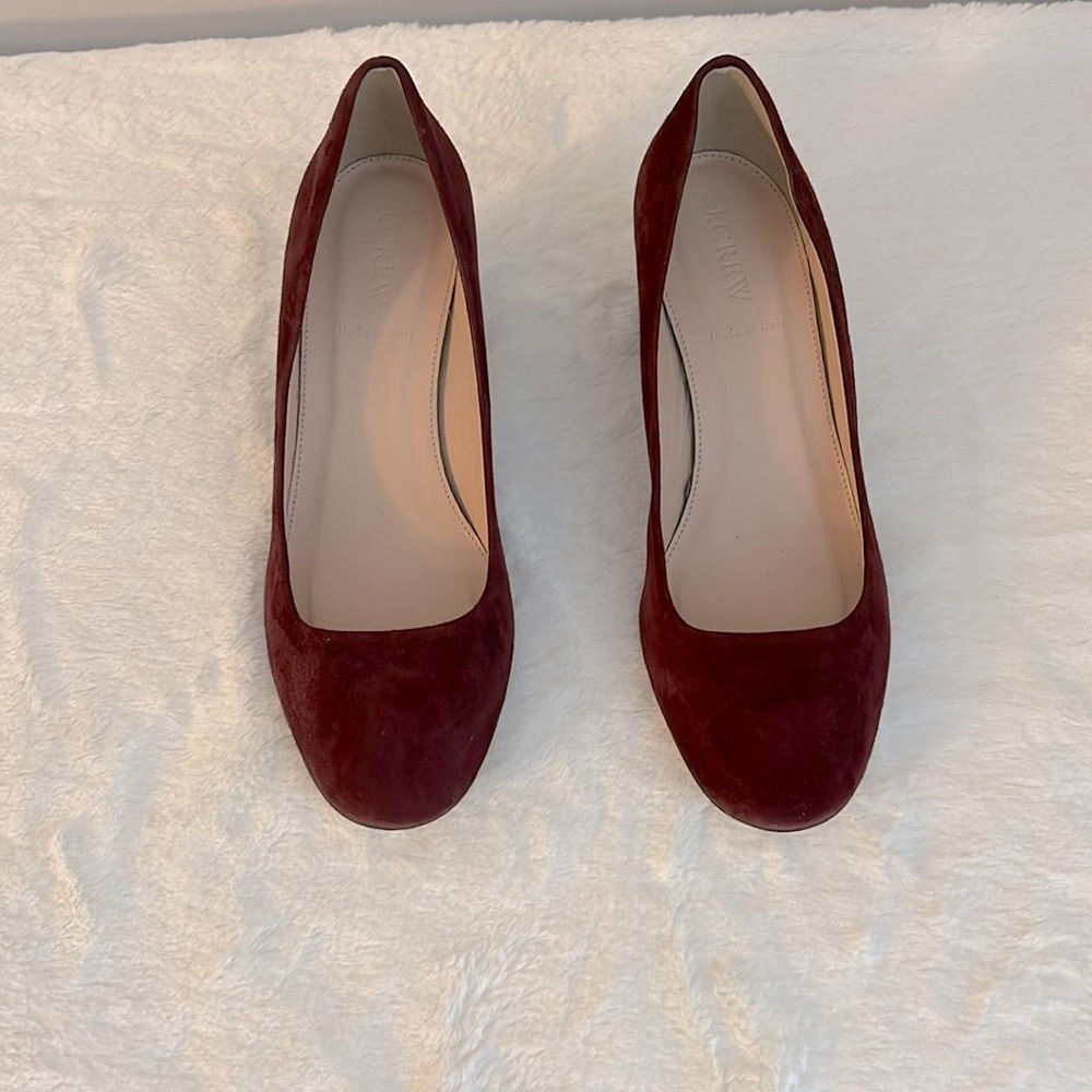 J. Crew lucite heels in suede vintage Cabernet Red shoe. Size 7. Style F5959